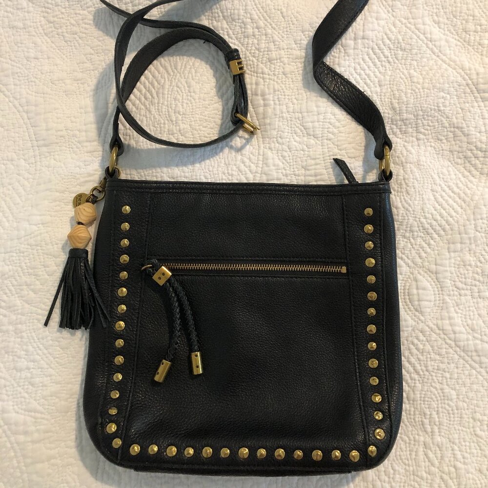 Sak Black Leather Crossbody Bag Stud Gold Brass Wood Tassel